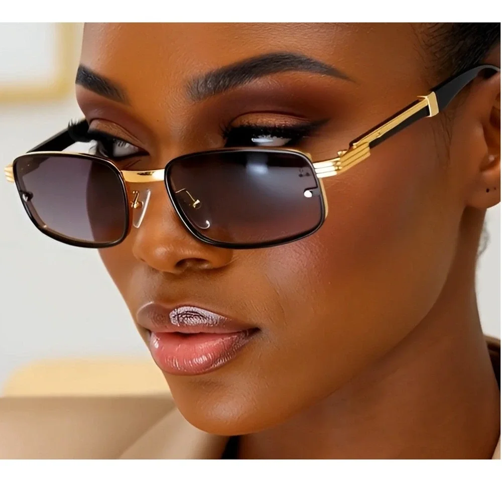 Rimless Sunglasses Rectangle Gold Wood Arms WomenFashion‎ Dark Black Lens Lentes